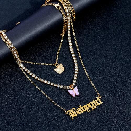 3Pcs BOHO Multilayer Acrylic Metal Butterfly Babygirl Letter Pendant Necklace For Women Gold Color Crystal Tennis Chain Jewelry