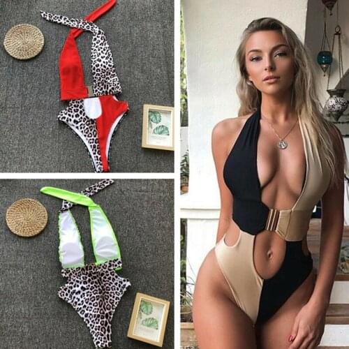 Bikinis Leopard patchwork monokini Women sexy Padded bandage Deep V swimsuit Bright maillot de bain costume bodysuit Beach 2019