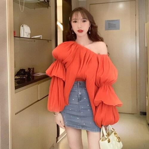 Pleated Chiffon Shirt 2021 Spring Autumn Women Chic Elegant Lantern Long Sleeve Loose Blouses Ladies Sexy Off Shoulder Black Top