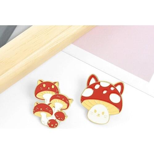 Cat Face Mushroom Enamel Pins Custom Cute Fun Animal Plant Brooch Lapel Badge Cartoon Jewelry Gifts for Kids Friends Wholesale