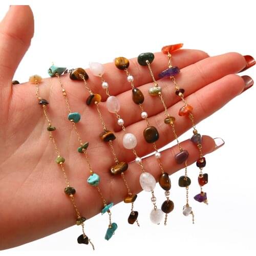 Natural Stone Handmade Chain Tiger Eye Agate Multicolor Bohemian Copper Chain for DIY Handmade Crafts Necklace Bracelet Making