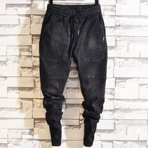 Spring Mens Elastic Waist Jeans Harem Pants Male Joggers Trousers Casual Hip Hop Denim Long Pants Streetwear Ankle Banded Pants