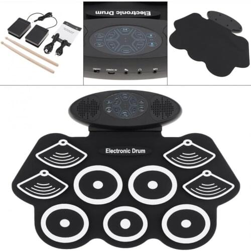 9 Pads Electronic Roll up Thicken Silicone Drum Double Speakers Stereo Electric Drum Kit with Drumsticks and Sustain Pedal