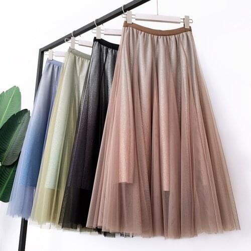 Gradient Metallic Pleated Skirt Summer Women Fashion Elastic High Waist Mesh Midi Skirt Female Elegant A Line Black Long Skirts