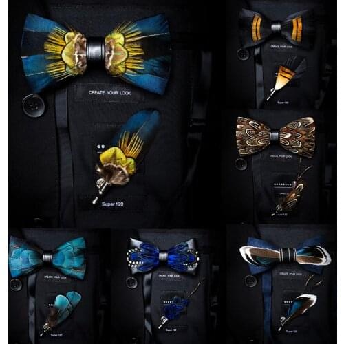 GUSLESON Exquisite Hand made Feather Bow Tie Brooch Pin Set With Gift Box Pre-tied Men Tie Bowtie For Wedding Party