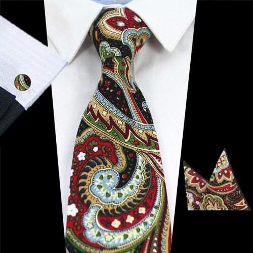 Ricnais Quality Mens Cotton 8cm Tie Set Paisley Ties Pocket Square Cufflinks Sets Handkerchief For Wedding Business Party Hanky