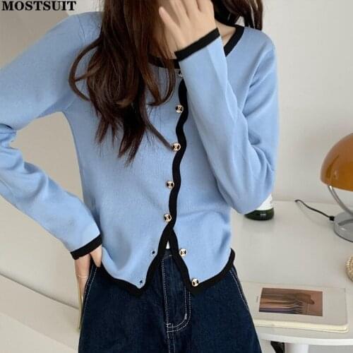 2021 Autumn Elegant Knitted Cardigan Tops Women Full Sleeve O-neck Single Breasted Sweater Knitwear Color-blocked Ladies Jumpers