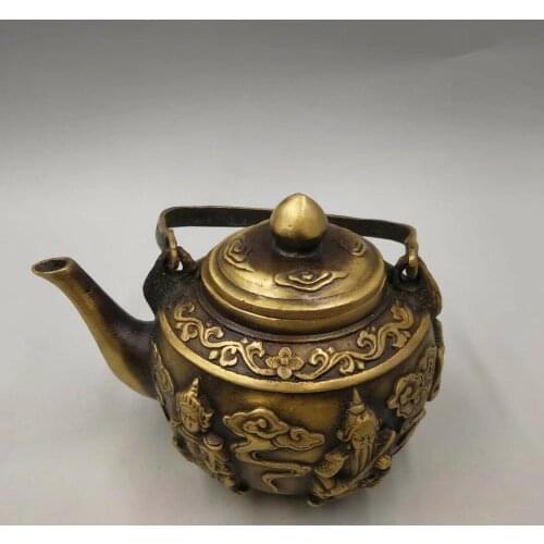 Chinese Antique Brass teapot engraving generals pattern