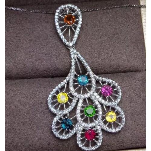 Natural Multicolor tourmaline Pendant natural gemstone Phoenix tai fan pendant necklace S925 silver personality Women jewelery