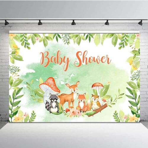 Woodland Baby Shower Backdrop Jungle Safari Animal Mushroom Green Photography Background Dessert Table Decor Banner Backdrops