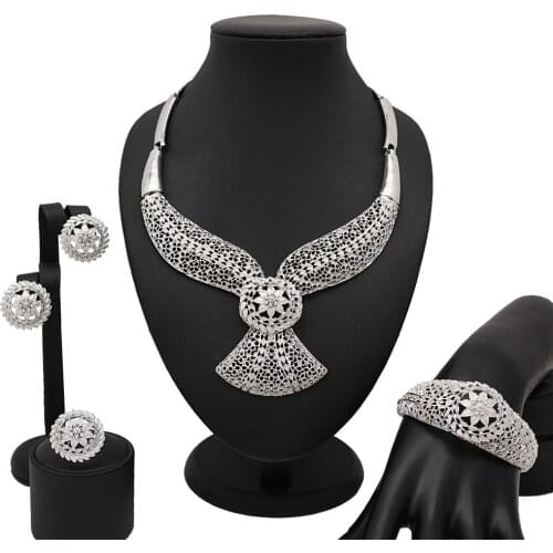 Bridal Fashion Dubai Silver Jewelry Sets for Women Costume Necklace Earrings Nigerian Wedding African Beads Jewelry Set