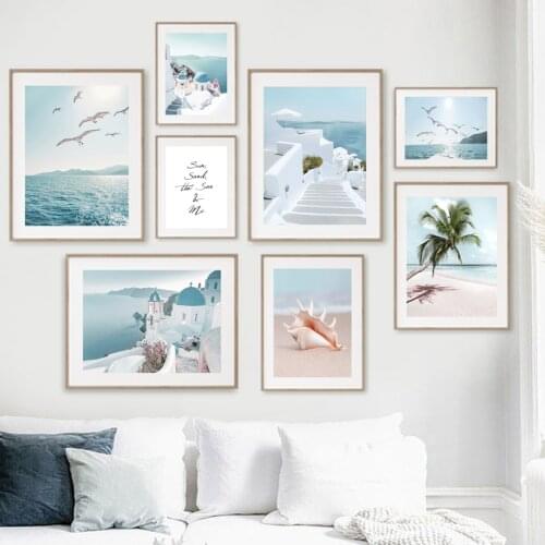 Santorini Aegean Beach Seagull Palm Conch Wall Art Canvas Painting Nordic Posters And Prints Wall Pictures For Living Room Decor