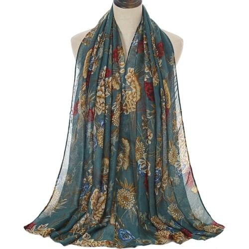 New Arrival Flower Printed Cotton Scarf Shawls Fashion Viscose Muslim Hijabs Head Wraps Big Size Long Mulffers Stoles 1PC Retail