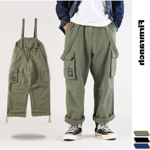 New Autumn/Spring Men Amekaji Wide-Leg Suspenders Casual Ins Popular Loose Pockets Cargo Bib Pants Jumpsuit Trousers