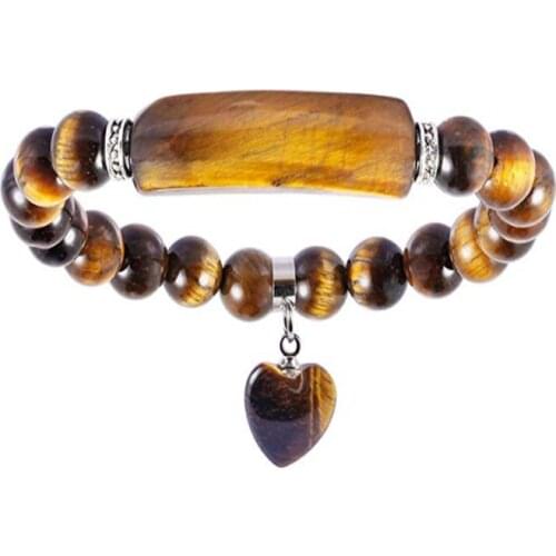 Silver Plated Romantic Love Heart Connect Tiger Eye Stone Round Beads Stretchy Bracelet Rock Crystal Jewelry