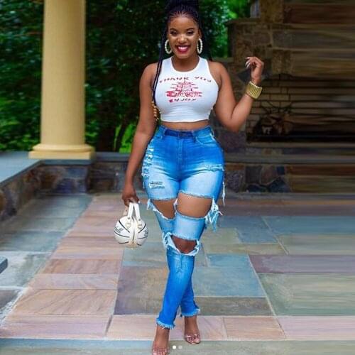 Streetwear Hollow Out Ripped Jeans for Women Sexy High Waist Stretchy Denim Trouser Casual Female Washed Bodycon Pencil Pants