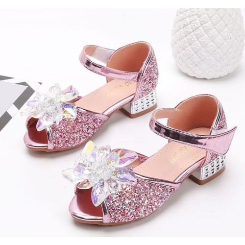 2020 New Summer School Shoes For Girls Square Heel Kids Sandals Rhinestone Flower Kid Shoes Children Girls 1.6#10/10d50
