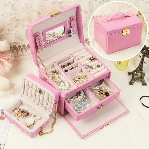 New 2020 Fashion High Quality Leather Jewelry Box 7 Colors With Small Protable Travel Jewelry Casket 3 Layers Gift Box