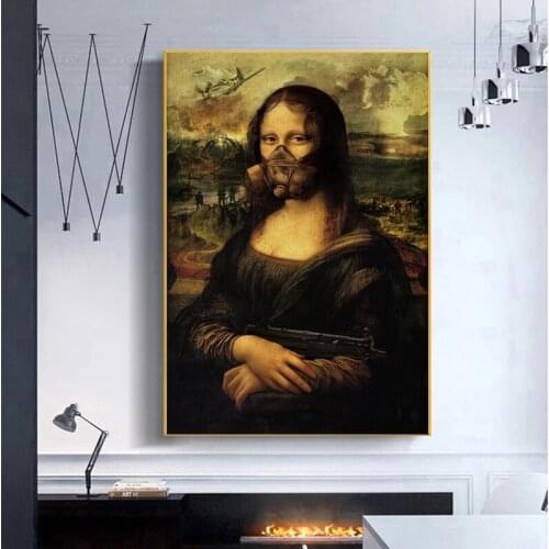 Funny Art Mona Lisa Hold A Gun In The War Wall Art Pictures Canvas Paintings Posters and Prints for Living Room Decor