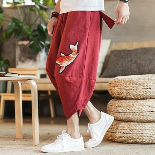 Loose cropped trousers men Japanese and Korean style 2021 summer new fashion embroidery mens large size harem pants