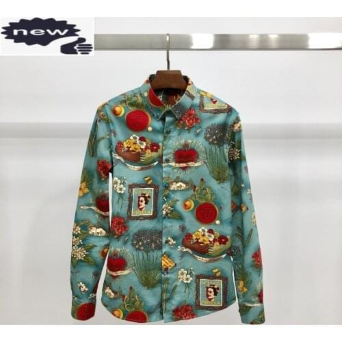 Vintage Male Green Printed Shirt Gentlemen Slim Fit Casual Tops Hawaiian Long Sleeve Flower Fashion Mens Cotton Shirts