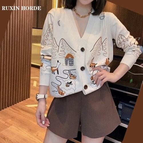 Comfortable Printing Off-White V-Neck Knitted Commuter Fashion Spring 2021 Ladies New Elegant Loose Beautiful Blouse Jacket