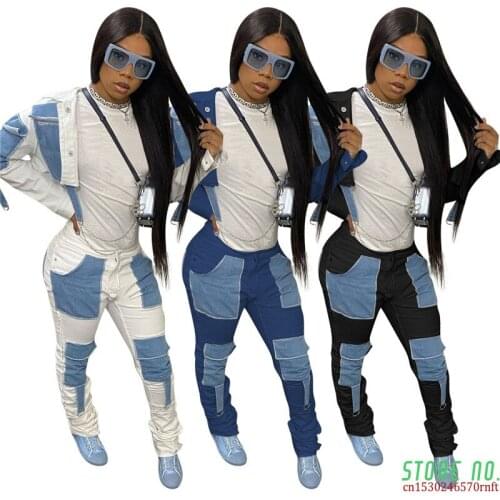 Two Piece Outfits Women Denim Matching Set Patchwork Pockets Jacket Stacked High Waist Jeans Cargo Pants Wholesale Dropshipping