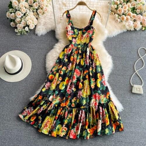Womens Summer Sundresses Vintage Floral Strap Dress Large Size Robe Holiday Chiffon Ruffle Boho Maxi Dress 2021 Female Vestidos