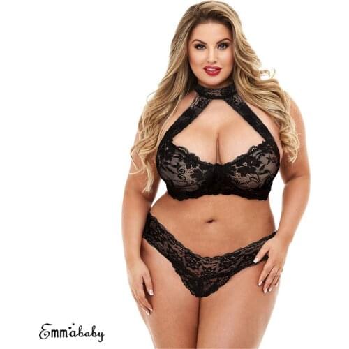 Plus Size Women Sissy Black Lingerie lace Bra Set Bralette Lace Halter Hollow Bra G-string thong Babydoll Underwear set 3XL-5XL