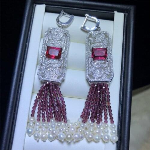 2020 New Arrival Mini Freshwater Pearl With Chalcedony Tassel Style Earrings Vintage Red Rhinestones Earrings Jewelry Gifts