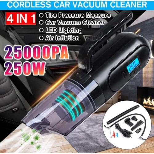 4 IN 1 Car Vacuum Cleaner USB Rechargeable House Cleaning Sweeper Air Pump Tire Pressure Monitoring LED Light Digital Display