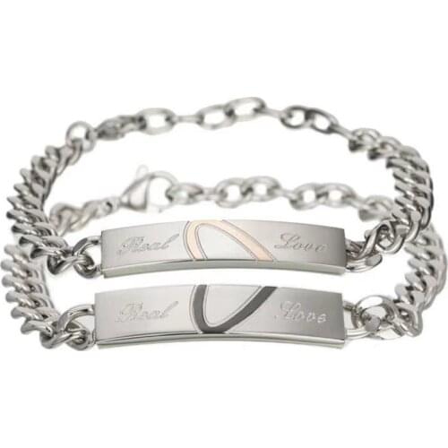 2 Style Heart Engraveed Design Black Rose Gold Color Womens Male Chain Couple Bracelet for Men Femmo on Hands Jewelry