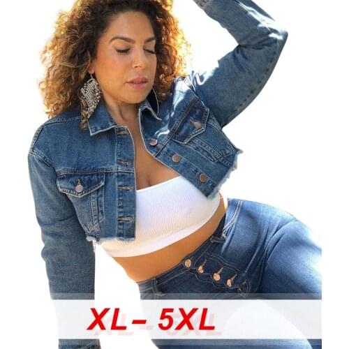 Denim Jackets Coats ,Plus Size Women Clothing,Frayed Backless Washed Cropped Denim Jacket,Street Casual Autumn Woman Clothing