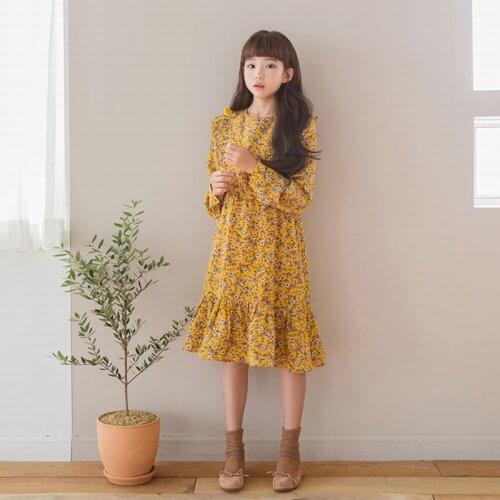 Girls Elegant Floral Print Yellow Chiffon Dresses 10 12 years Korean style Long Sleeve Sweet Party Teen Girls Dress