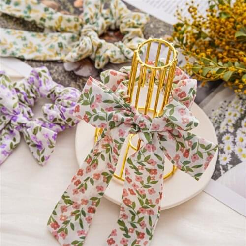 INS Style 2021 Summer Chiffon Small Flower Bow Ponytail Ribbon Large Intestine Hair Ring Headdress Womens Head Rope