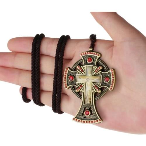 Crucifix Jesus Cross Icon Pendant Necklace for Priests Rhinestone Braided Rope Chain Necklace Religious Baptism Prayer Jewelry