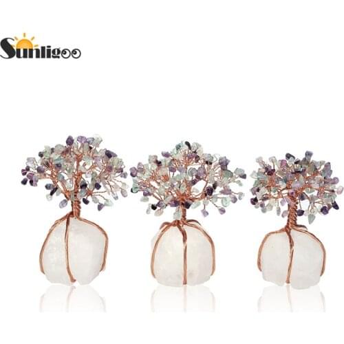 Sunligoo 1x Chakra Healing Fluorite Crystals Copper Tree of Life Wrapped Clear Quartz Crystal Base Feng Shui Lucky Home Decor