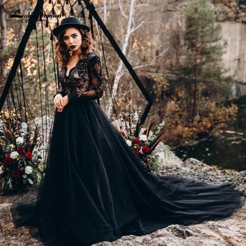 Lakshmigown Black Wedding Dresses With long Sleeves V Neck lace tulle Beach Bride Gowns Robes De Mariee