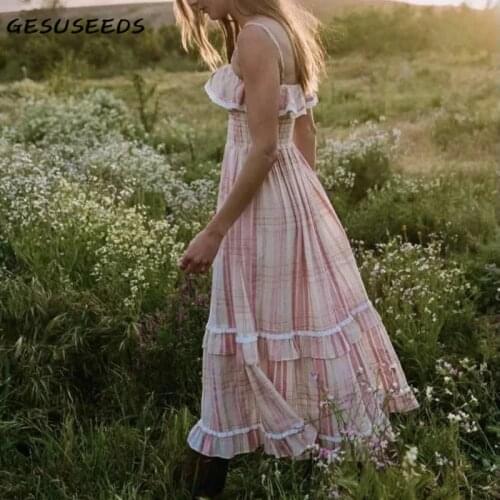 Summer Strapless Dress Women Vintage Plaid Dresses Sexy Spaghetti Strap Dress Backless Ruffle Midi Dresses Pink Boho Dress 2021