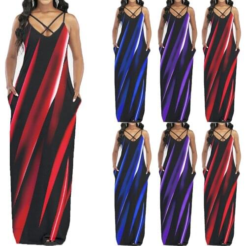 Summer Dress For Women 2021 Fashion Irregular Diagonal Stripe Print V-Neck Sleeveless Sexy Slim Sling Maxi Dress Female Vestidos