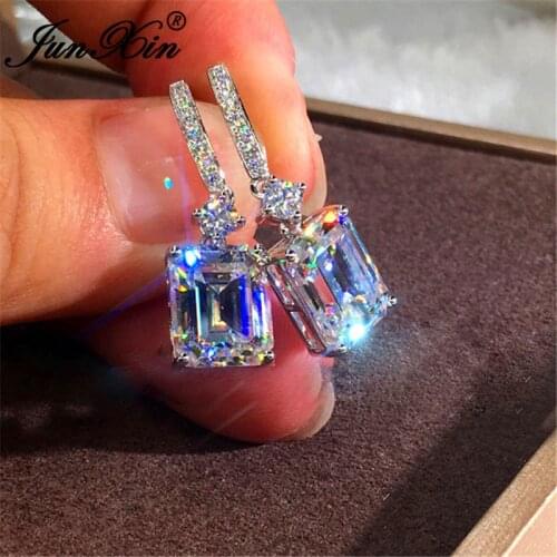 Cute Small Rectangle Crystal Hoop Earrings For Women Silver Color White Zircon Square Earrings Bridal Wedding Party Jewelry