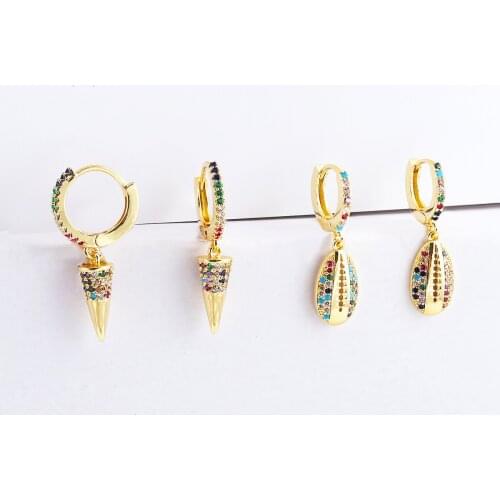 Fashion Gold Color Womens Earring Rainbow CZ Copper Nail Shell Heart Drop Charms Gothic Stud Earrings for women Jewelry Gift