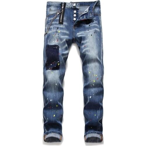 Hombre Skinny Vaqueros Mens Painted Blue Pleated Biker Jeans Slim Fit Ripped Stretch Denim Pants Jeans Homme Moda Hombre 2020