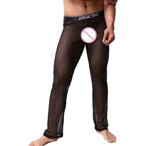 Mens Sex Costumes Underwear Mesh Transparent Loose Causal Trousers Exotic Pants Sexy Hollow Out Lingerie Gay Long Pants Clubwear