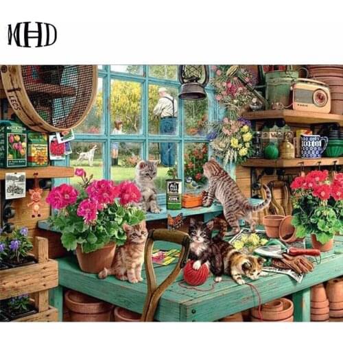 New DIY needle-line diamond embroidery diamond cross-stitch flowers and cat landscape rhinestones painting