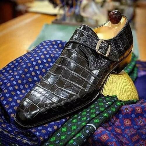 2021 New Style Comfortable Classic Fashion Business Casual Handmade Mens PU Pure Color Crocodile Pattern Monk Shoes ZZ170