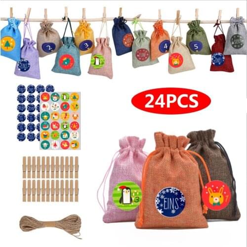Wholesale 24PCS Christmas Advent Calendar Bag Hanging Candy Gift Sacks Pouch With Clips Stickers Rope Home Christmas Decoration