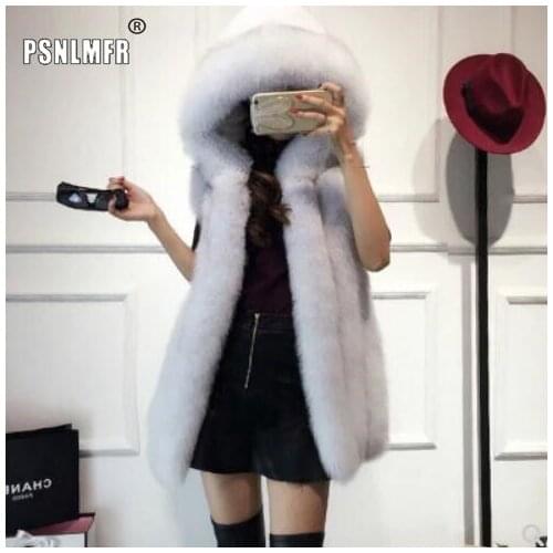 Autumn Winter Thicken Casual Natural Fox Fur Vest With Hood Luxury Warm Sweet Women Coat Fashion Thick Sleeveless Real Fur Coat