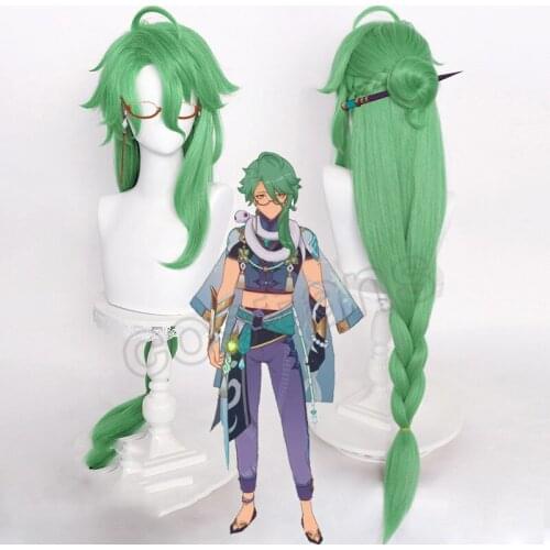 Genshin Impact BAIZHU Cosplay Costumes Bai Shu Wig Removable Bun Baishu Green Long Straight Braided Ponytail Heat Resistant Hair