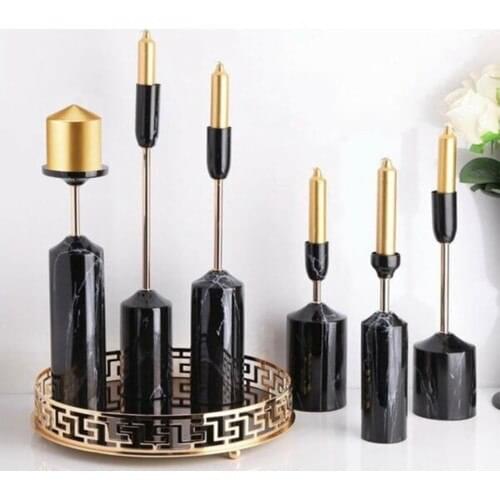 Marrlife Metal Marble Patterned 6'lı Candle Holder Elite black